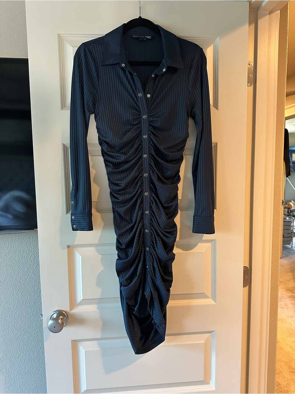 Veronica Beard Davila Navy Ruched Button-Front Bodycon Dress View 4